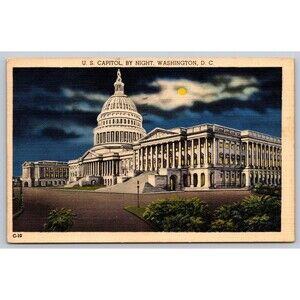 Vtg US Capitol by Night Linen Postcard Washington DC 1948 Postmark C-10 CAPSCO